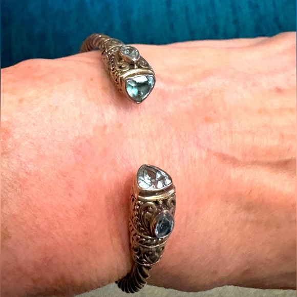 Blue Topaz Sterling Silver Indonesian Design Hinged Cuff Bracelet❣️ - Picture 2 of 9
